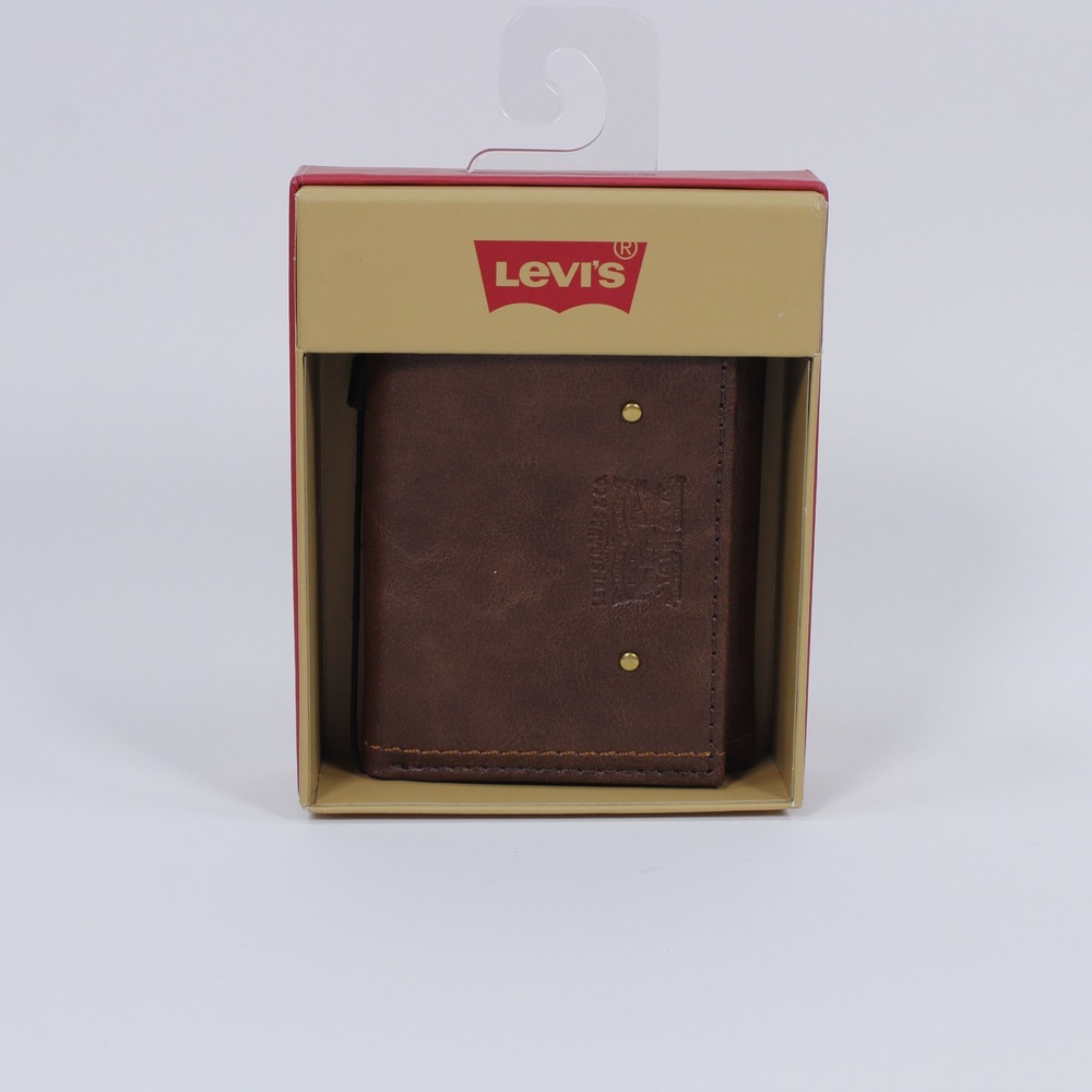 Levi's Men's Trifold Leather Wallet Brown Two-Tone Rivet Details NIB